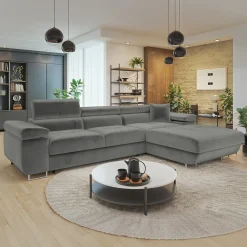 Garnero Arredamenti Divani Angolari|Divani Letto-Divano letto con angolo a destra 4 posti 280x170cm box contenitore vellutato grigio Elvio Tessuto Vellutato Manila Grigio