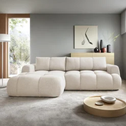 Garnero Arredamenti Divani Angolari|Divani Letto-Divano letto con angolo a sinistra 4 posti 270x173cm con contenitore Litos Tessuto Bouclé Bianco Crema