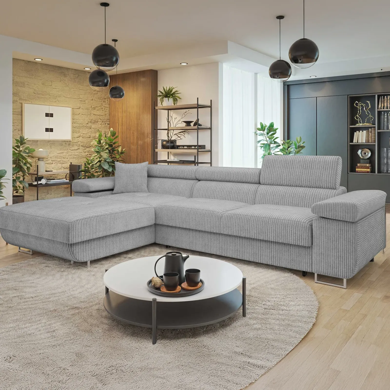 Garnero Arredamenti Divani Angolari|Divani Letto-Divano letto con angolo a sinistra 4 posti 280x170cm box contenitore a coste grigio Elvio Velluto a Coste Poso Grigio