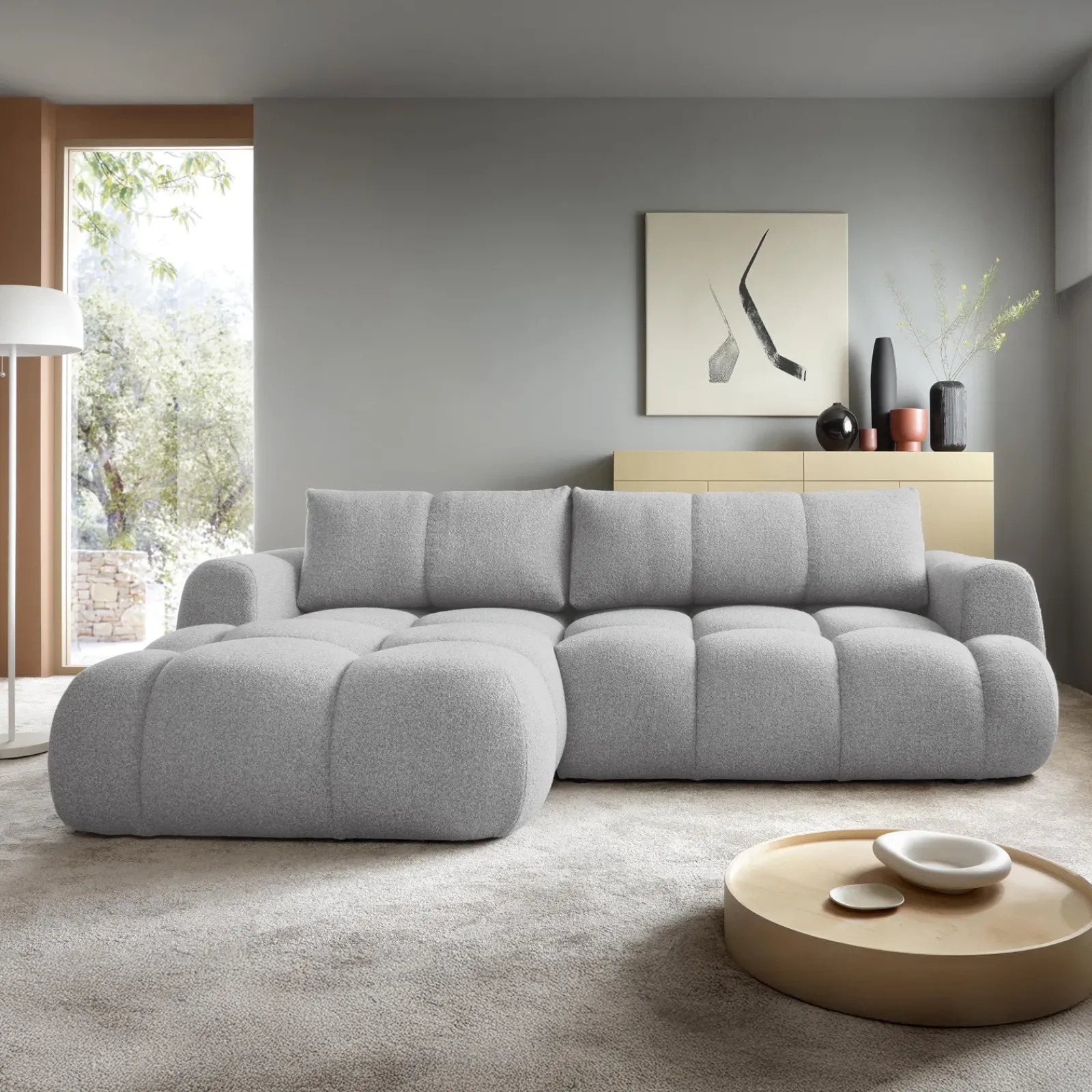 Garnero Arredamenti Divani Angolari|Divani Letto-Divano letto con angolo a sinistra 4 posti 270x173cm con contenitore Litos Tessuto Bouclé Grigio chiaro