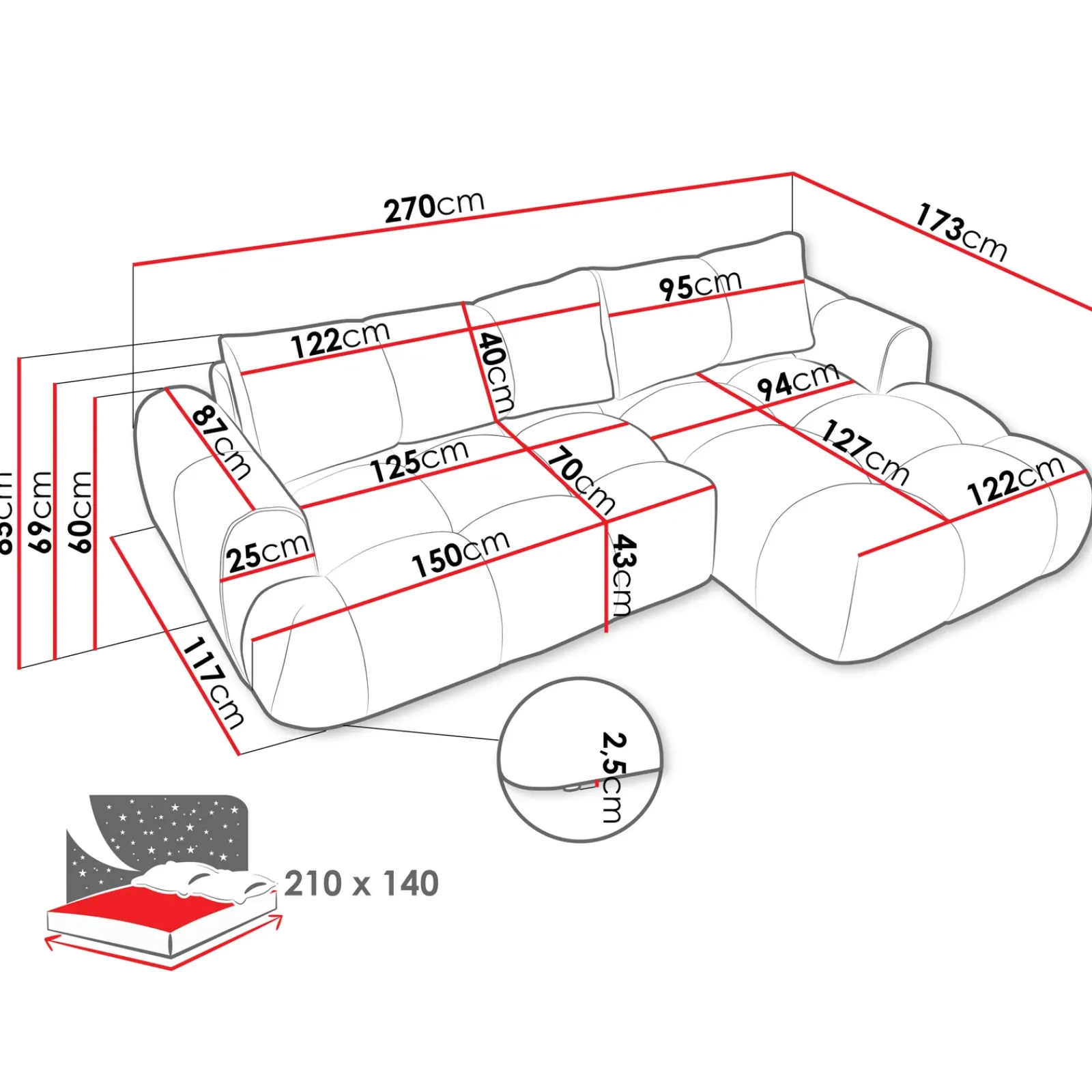 Garnero Arredamenti Divani Angolari|Divani Letto-Divano letto con angolo a sinistra 4 posti 270x173cm con contenitore Litos Tessuto Bouclé Grigio chiaro