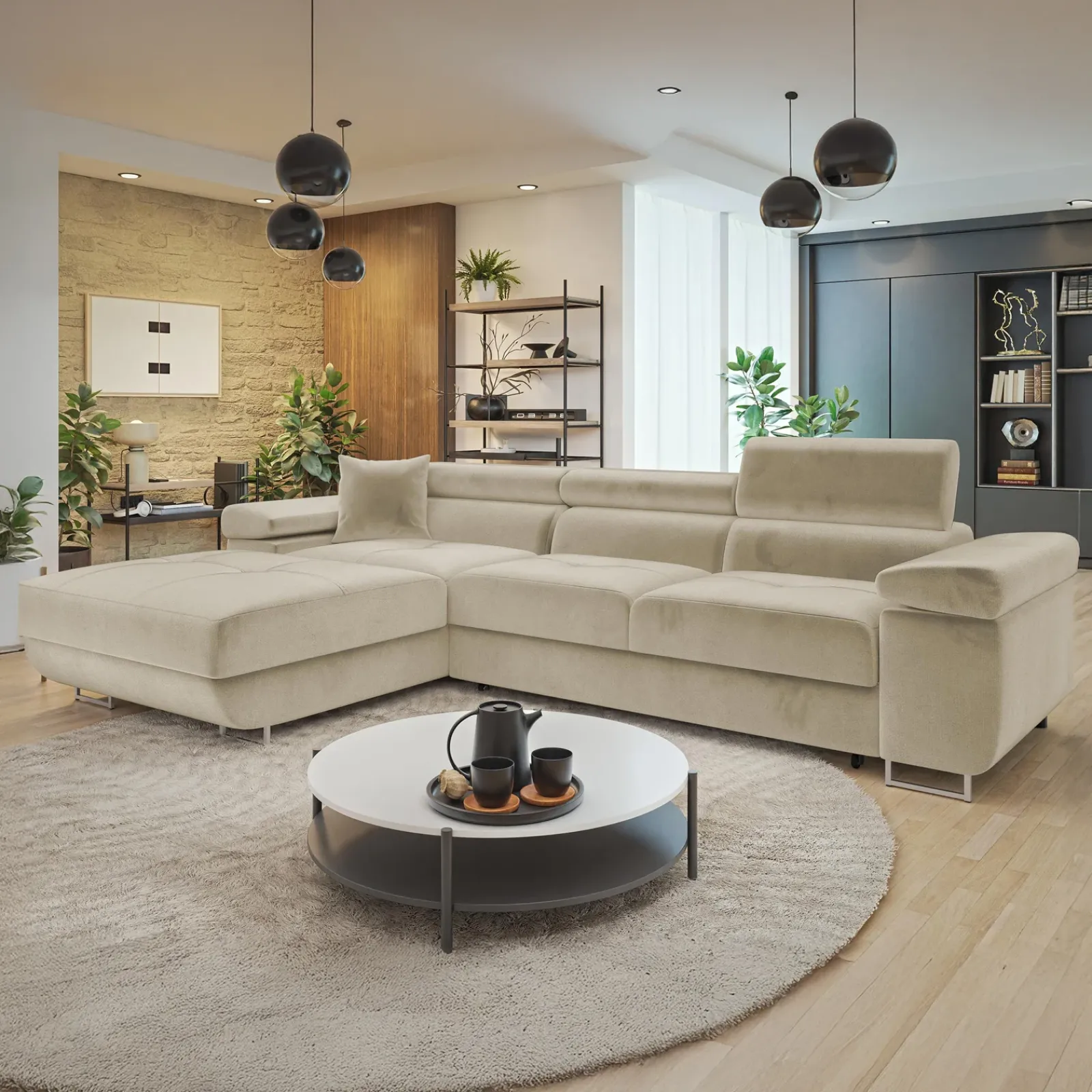 Garnero Arredamenti Divani Angolari|Divani Letto-Divano letto con angolo a sinistra 4 posti 280x170cm box contenitore velluto beige Elvio Tessuto Vellutato Manila Beige