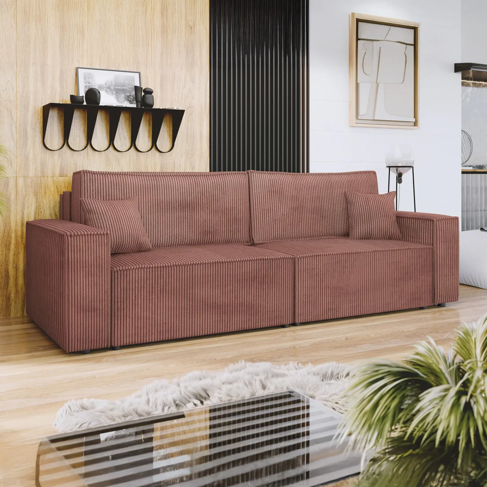 Garnero Arredamenti Divani Lineari|Divani Letto-Divano letto matrimoniale 3 posti 245x90cm velluto a coste rosa Ploffy Velluto Poso Rosa