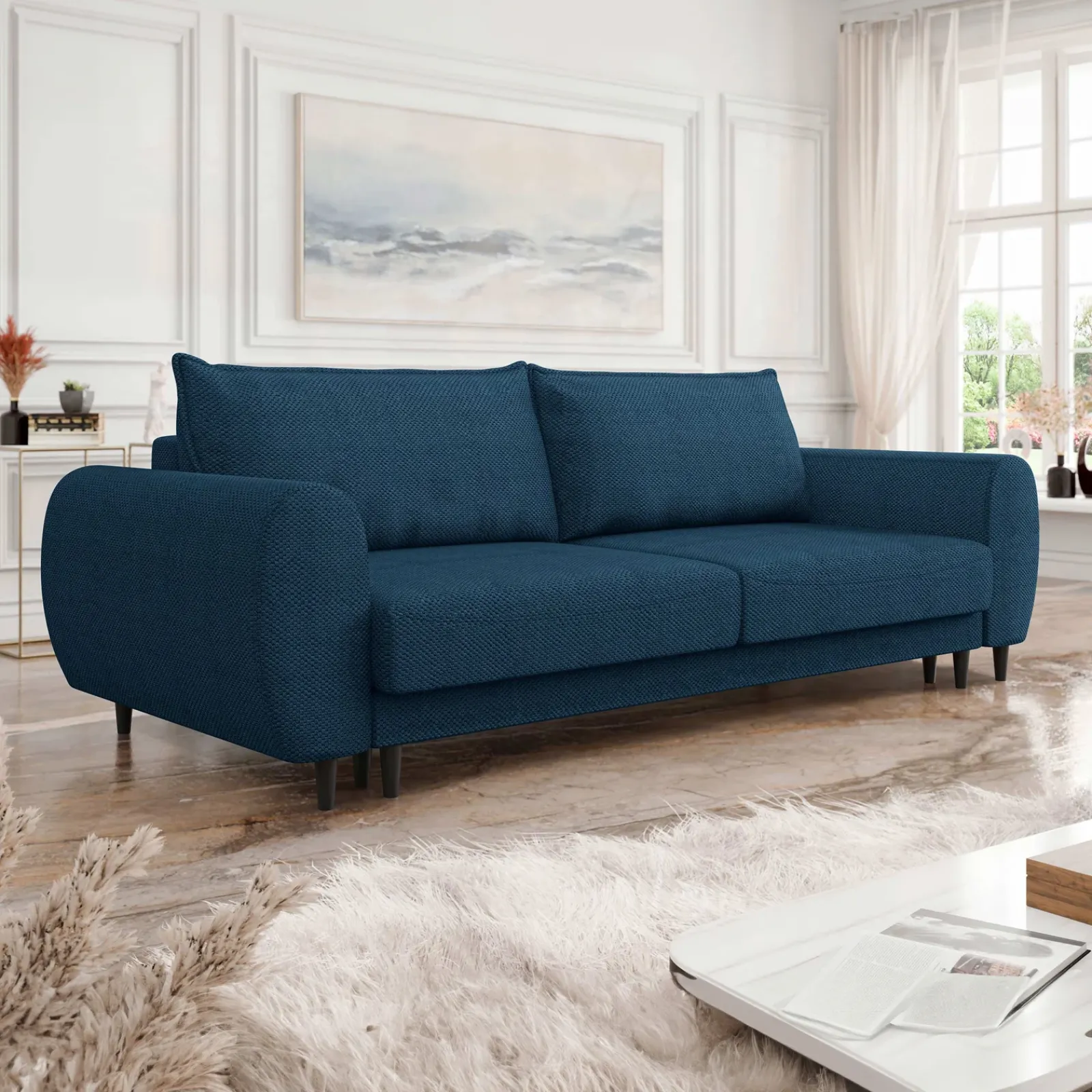 Garnero Arredamenti Divani Lineari|Divani Letto-Divano letto matrimoniale 3 posti 251x95cm tessuto blu Pluffy Tessuto Peluche Onega Blu