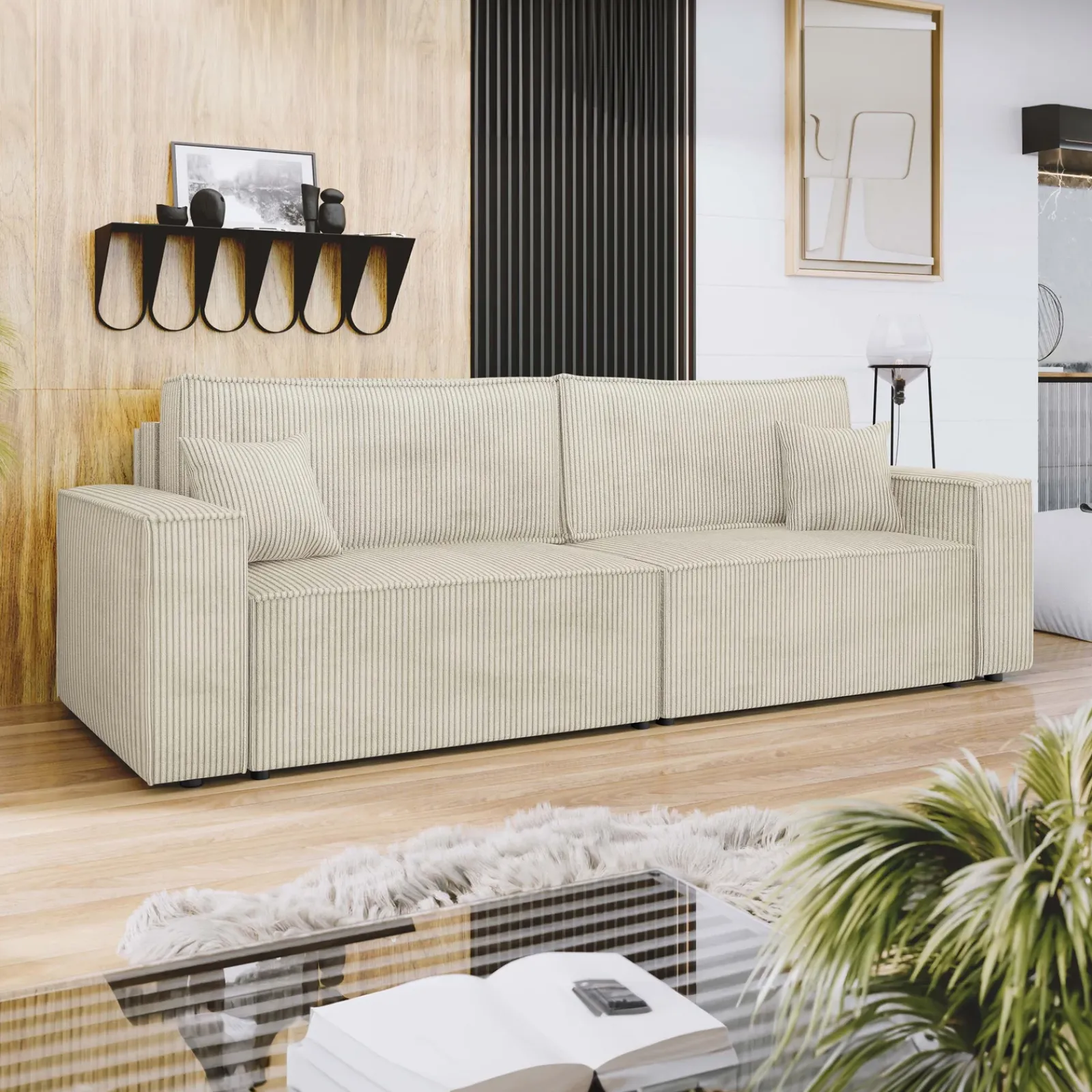 Garnero Arredamenti Divani Lineari|Divani Letto-Divano letto matrimoniale 3 posti 245x90cm velluto a coste beige Ploffy Velluto Poso Beige