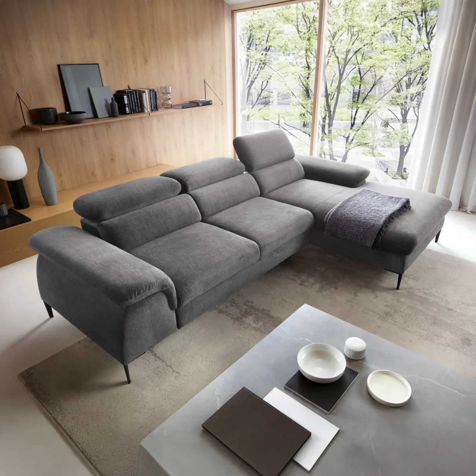 Garnero Arredamenti Divani Angolari|Divani Letto-Divano letto regolabile angolare destra 4 posti 288x182cm tessuto grigio chiaro Loungey Tessuto Vellutato Vogue Grigio Chiaro