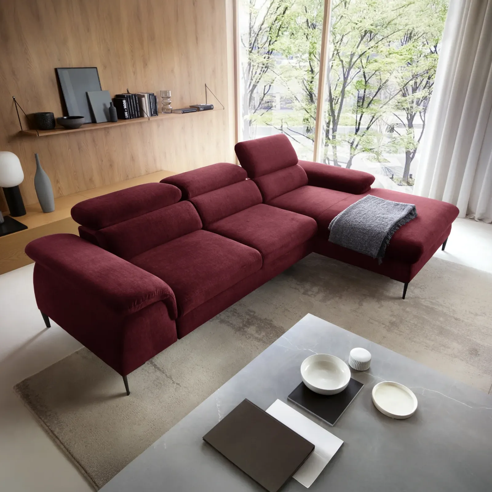 Garnero Arredamenti Divani Angolari|Divani Letto-Divano letto regolabile angolare destra 4 posti 288x182cm tessuto rosso bordeaux Loungey Tessuto Vellutato Vogue Bordeaux