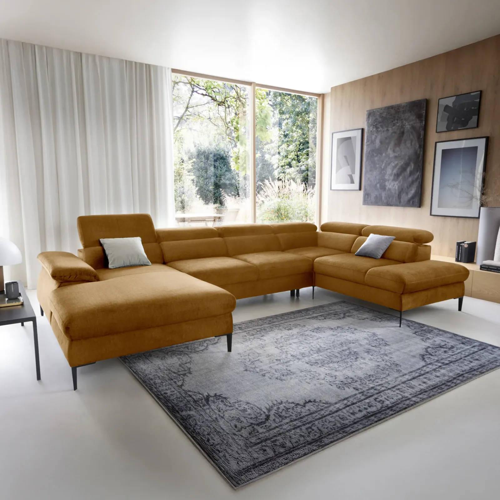 Garnero Arredamenti Divani Angolari|Divani Letto-Divano letto regolabile angolare destro 5 posti 353x214cm tessuto giallo senape Calmora Tessuto Vellutato Vogue Giallo Senape