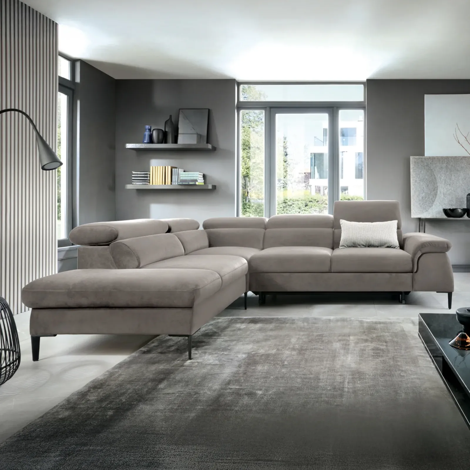 Garnero Arredamenti Divani Angolari|Divani Letto-Divano letto regolabile angolare sinistra 5 posti 280x214cm tessuto tortora Snuggity Tessuto Vellutato Vogue Tortora