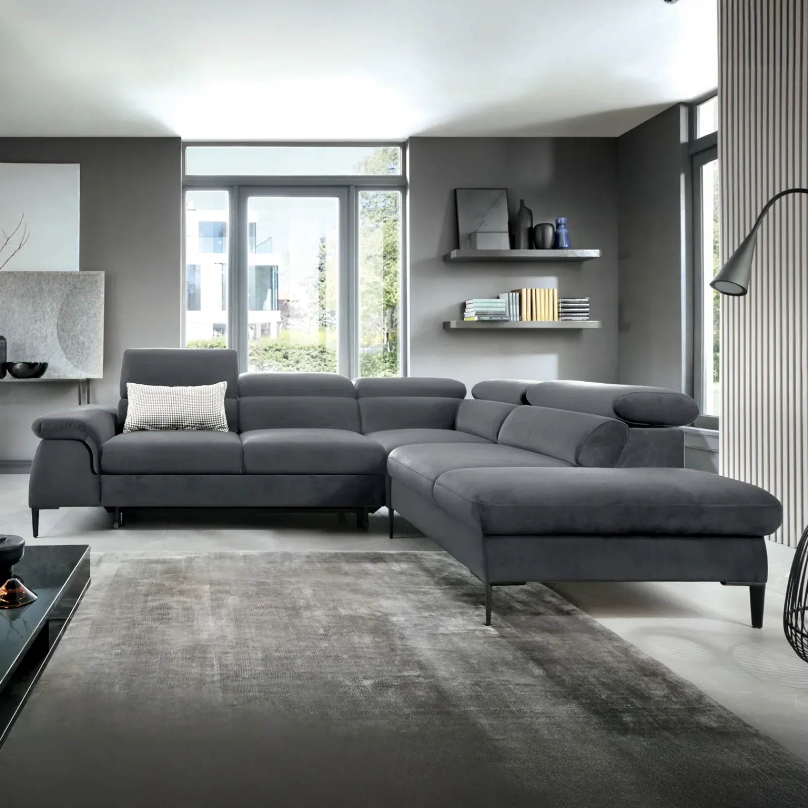 Garnero Arredamenti Divani Angolari|Divani Letto-Divano letto regolabile angolare destra 5 posti 280x214cm tessuto grigio Snuggity Tessuto Vellutato Vogue Grigio