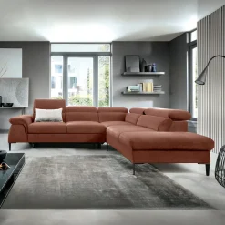 Garnero Arredamenti Divani Angolari|Divani Letto-Divano letto regolabile angolare destra 5 posti 280x214cm tessuto arancio corallo Snuggity Tessuto Vellutato Vogue Corallo