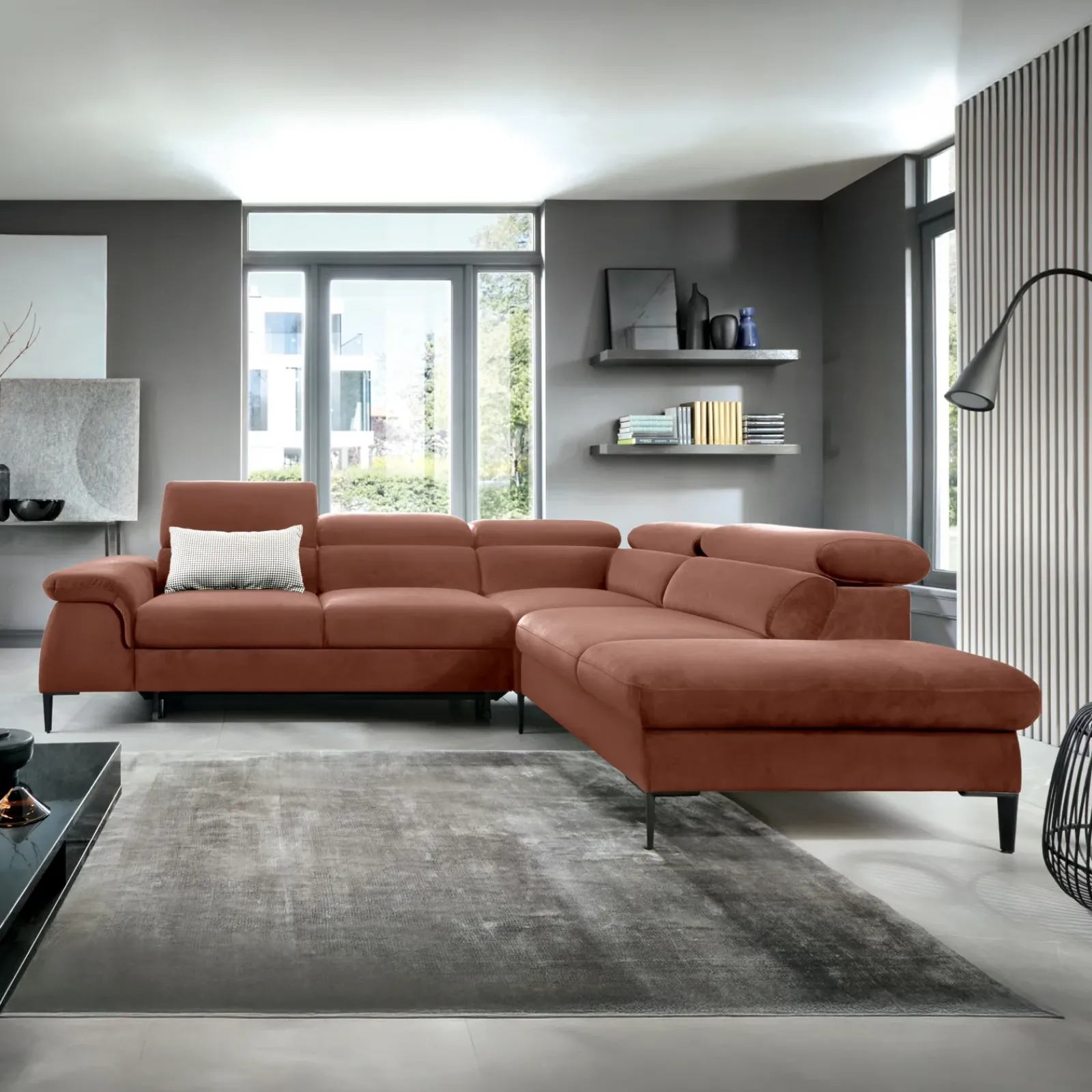 Garnero Arredamenti Divani Angolari|Divani Letto-Divano letto regolabile angolare destra 5 posti 280x214cm tessuto arancio corallo Snuggity Tessuto Vellutato Vogue Corallo