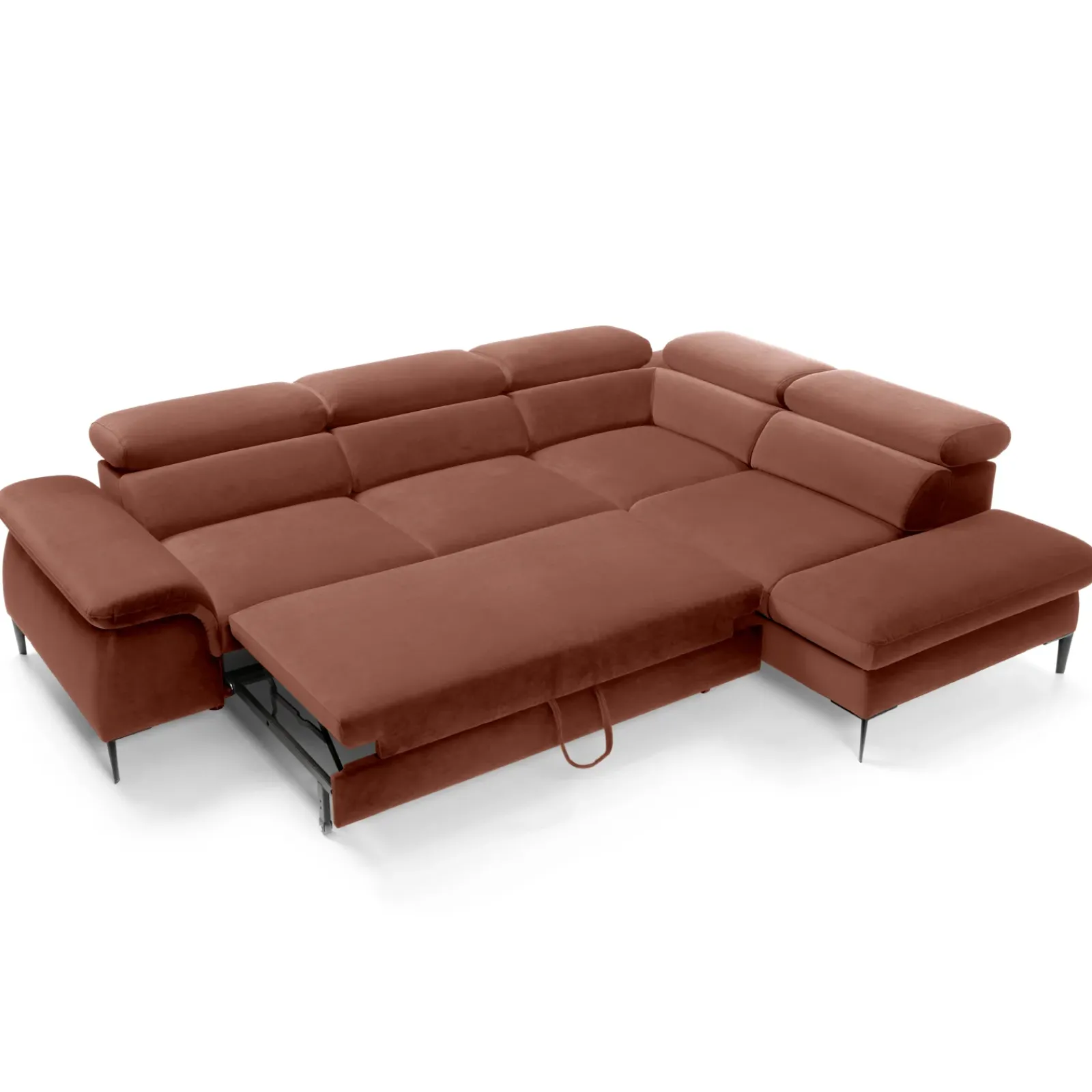 Garnero Arredamenti Divani Angolari|Divani Letto-Divano letto regolabile angolare destra 5 posti 280x214cm tessuto arancio corallo Snuggity Tessuto Vellutato Vogue Corallo