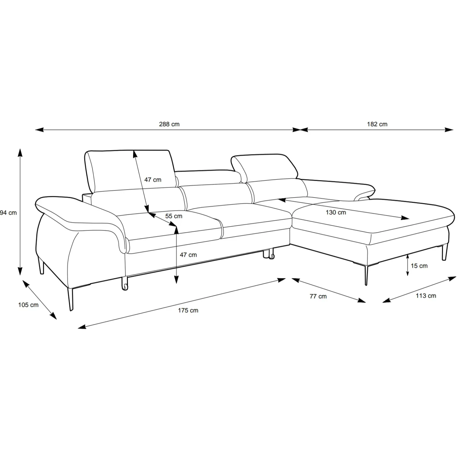 Garnero Arredamenti Divani Angolari|Divani Letto-Divano letto regolabile angolare destra 4 posti 288x182cm tessuto marrone Loungey Tessuto Vellutato Vogue Marrone