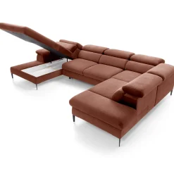 Garnero Arredamenti Divani Angolari|Divani Letto-Divano letto regolabile angolare destro 5 posti 353x214cm tessuto arancio corallo Calmora Tessuto Vellutato Vogue Corallo