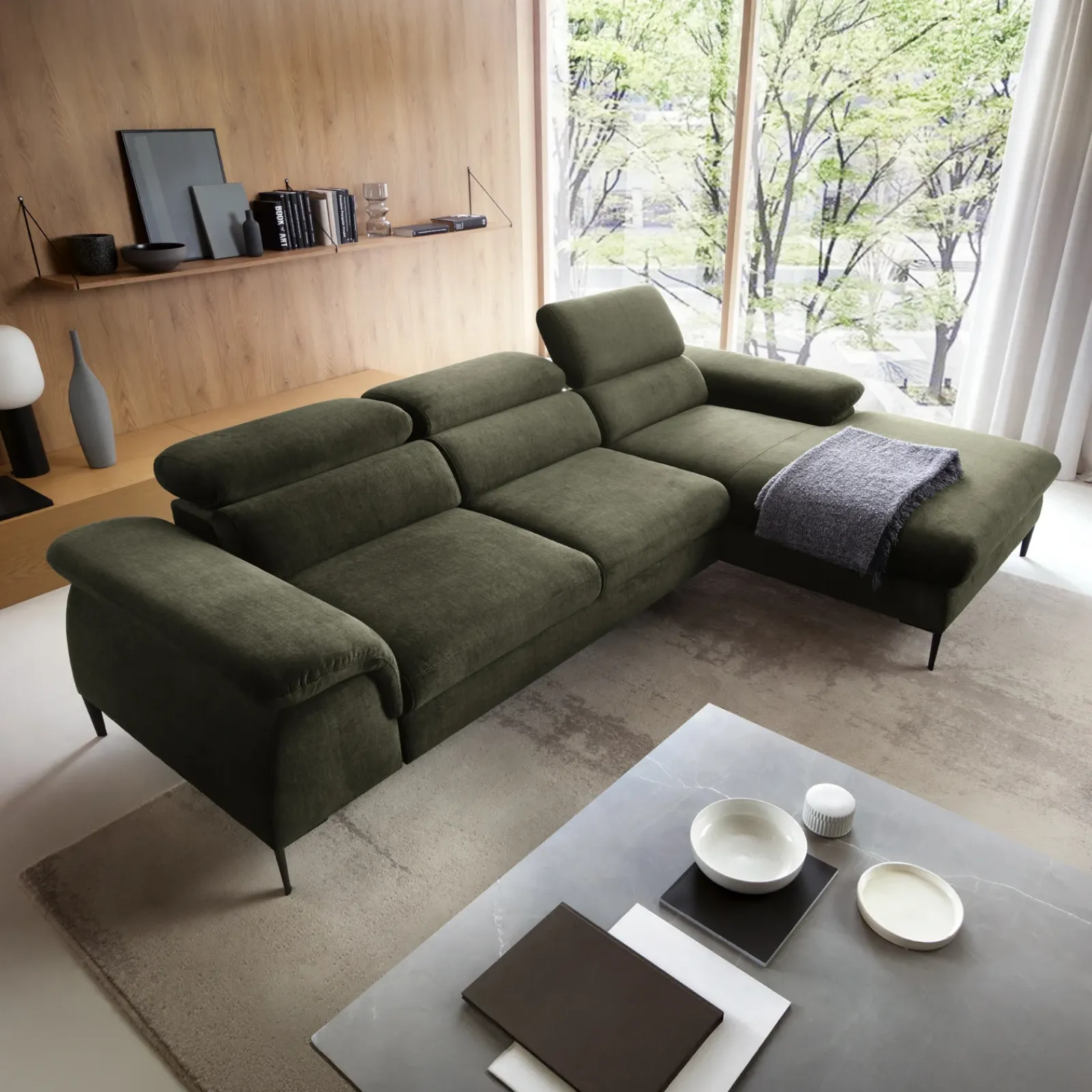 Garnero Arredamenti Divani Angolari|Divani Letto-Divano letto regolabile angolare destra 4 posti 288x182cm tessuto verde oliva Loungey Tessuto Vellutato Vogue Verde Oliva