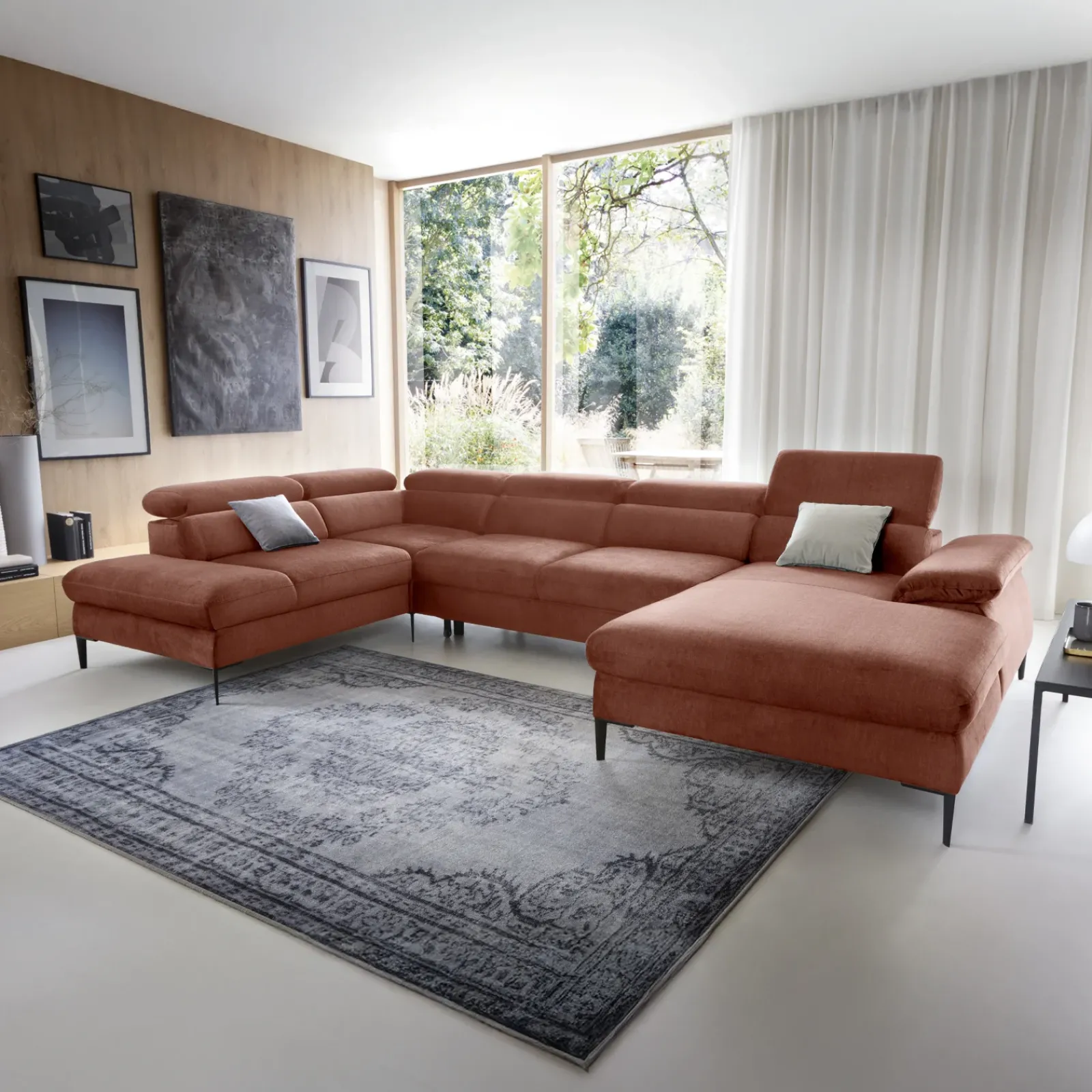 Garnero Arredamenti Divani Angolari|Divani Letto-Divano letto regolabile angolare sinistro 5 posti 353x214cm tessuto arancio corallo Calmora Tessuto Vellutato Vogue Corallo
