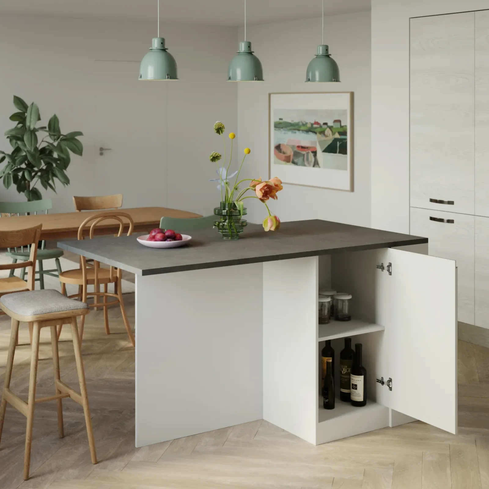 Garnero Arredamenti Isole Cucina-Isola cucina centrale 160x90cm 2 ante e vani bianco laccato con piano grigio effetto pietra Gourmet Bianco Lucido - Grigio pietra