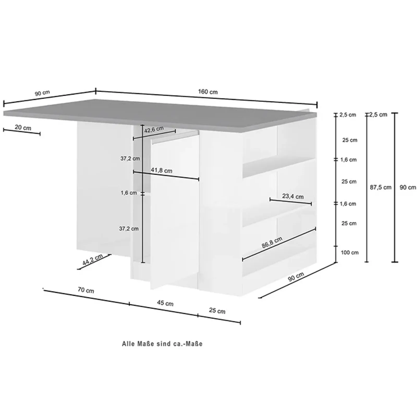 Garnero Arredamenti Isole Cucina-Isola cucina centrale 160x90cm 2 ante e vani bianco laccato con piano grigio effetto pietra Gourmet Bianco Lucido - Grigio pietra