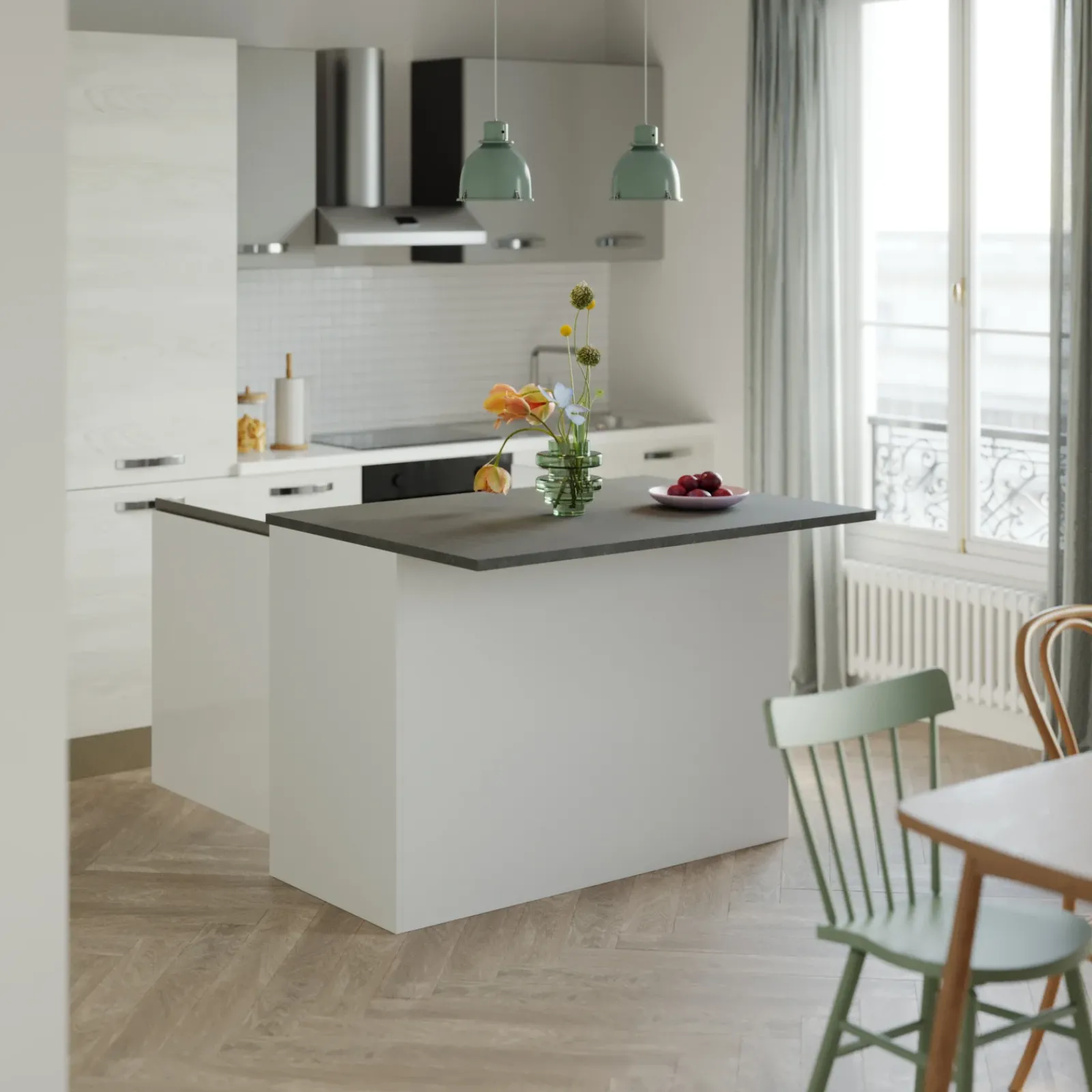 Garnero Arredamenti Scaffali E Dispense|Isole Cucina-Isola cucina centrale 125x90cm bianco piano grigio pietra Gourmet Bianco Lucido - Grigio pietra