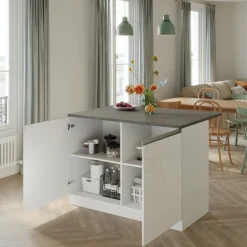 Garnero Arredamenti Scaffali E Dispense|Isole Cucina-Isola cucina centrale 125x90cm bianco piano grigio pietra Gourmet Bianco Lucido - Grigio pietra