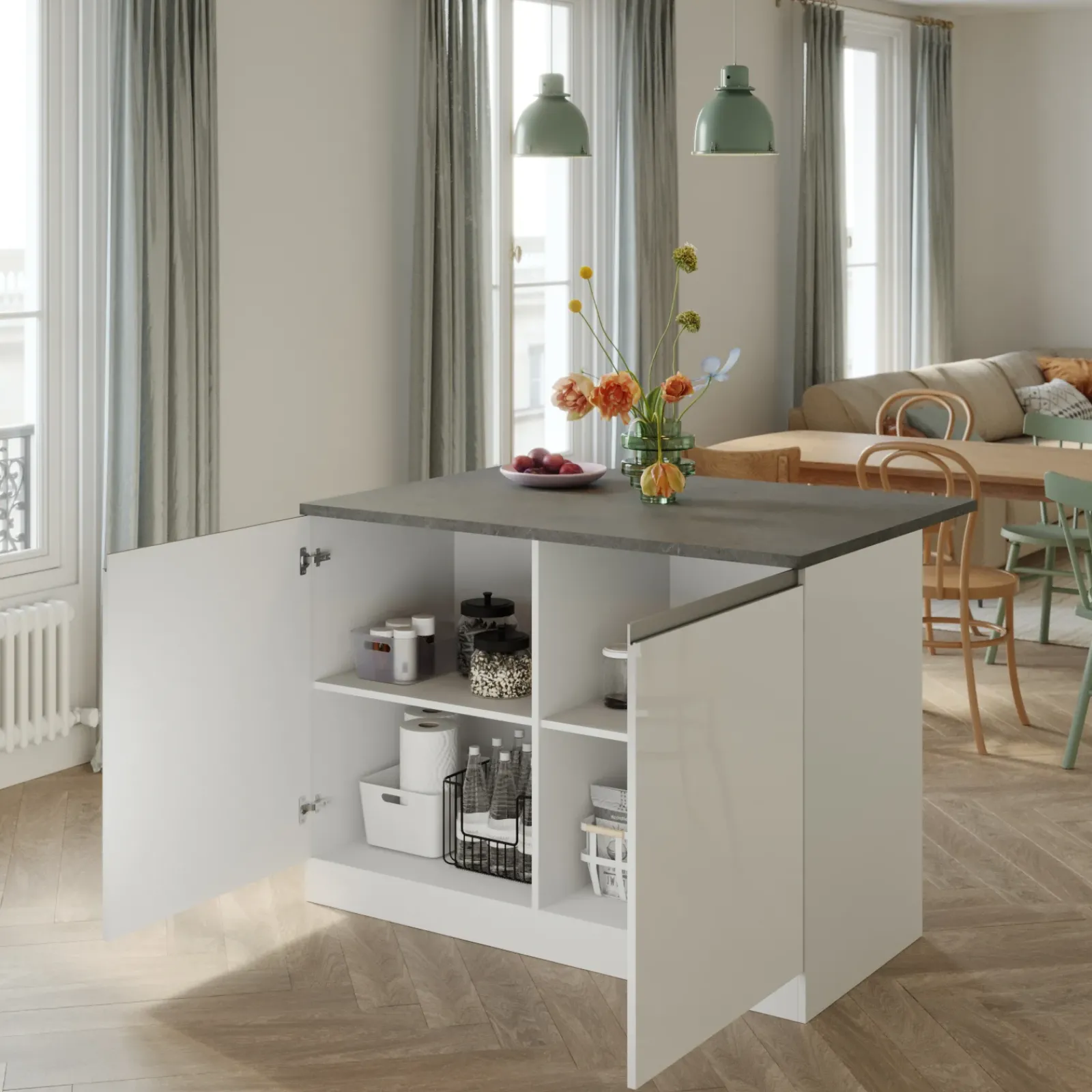 Garnero Arredamenti Scaffali E Dispense|Isole Cucina-Isola cucina centrale 125x90cm bianco piano grigio pietra Gourmet Bianco Lucido - Grigio pietra