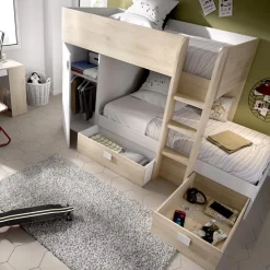 Garnero Arredamenti Letti A Castello|Letti A Castello-Letto a castello per bambini con armadio 255x112cm rovere bianco Sole Bianco Opaco - Rovere