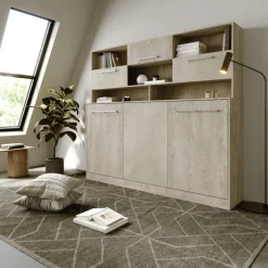 Garnero Arredamenti Letti A Scomparsa|Letti Singoli-Letto a scomparsa orizzontale 90x200cm singolo con libreria rovere chiaro beige sabbia Alvin Gihome® Rovere - Beige