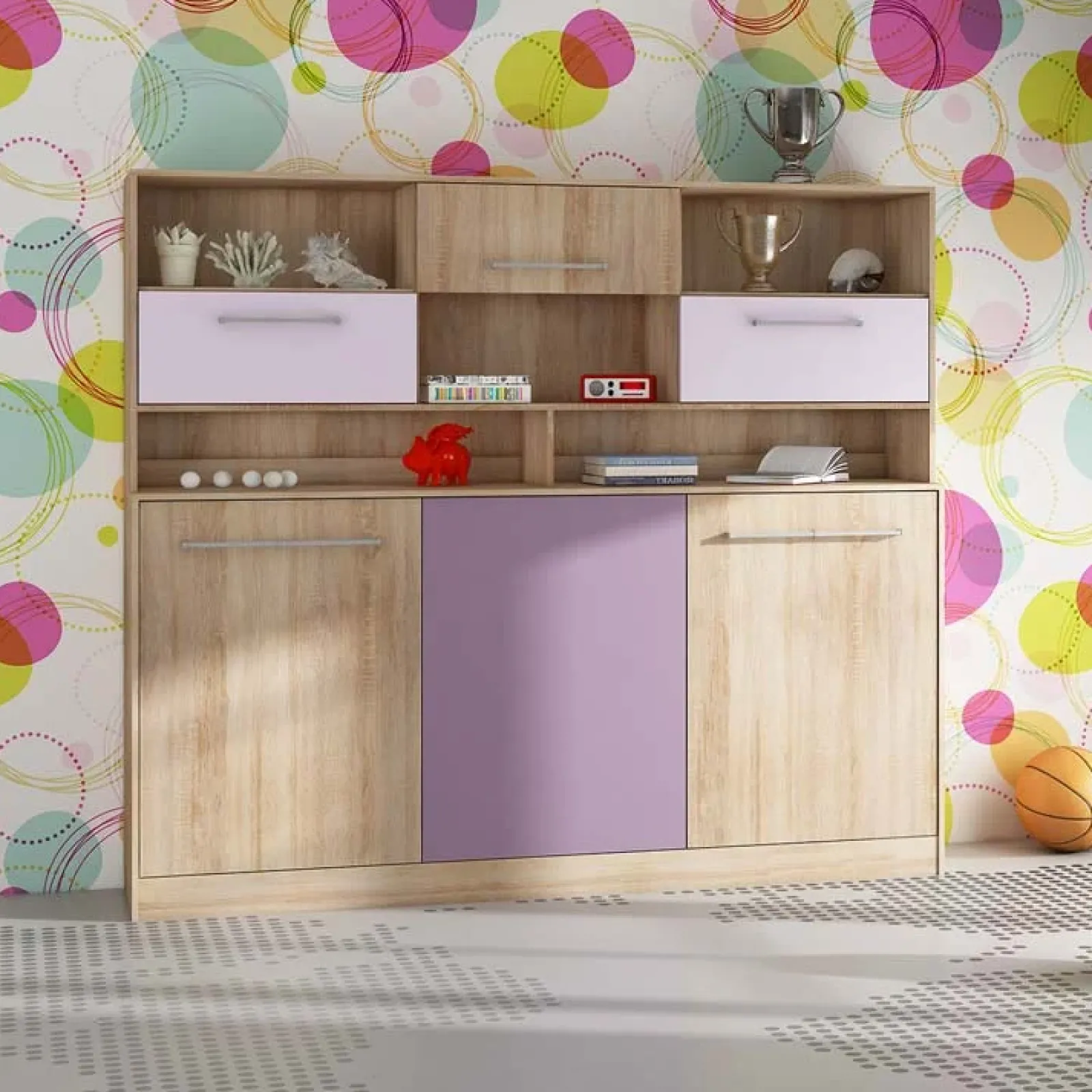 Garnero Arredamenti Letti A Scomparsa|Letti Singoli-Letto a scomparsa orizzontale 90x200cm singolo con libreria rovere rosa Alvin Gihome® Rovere - Rosa