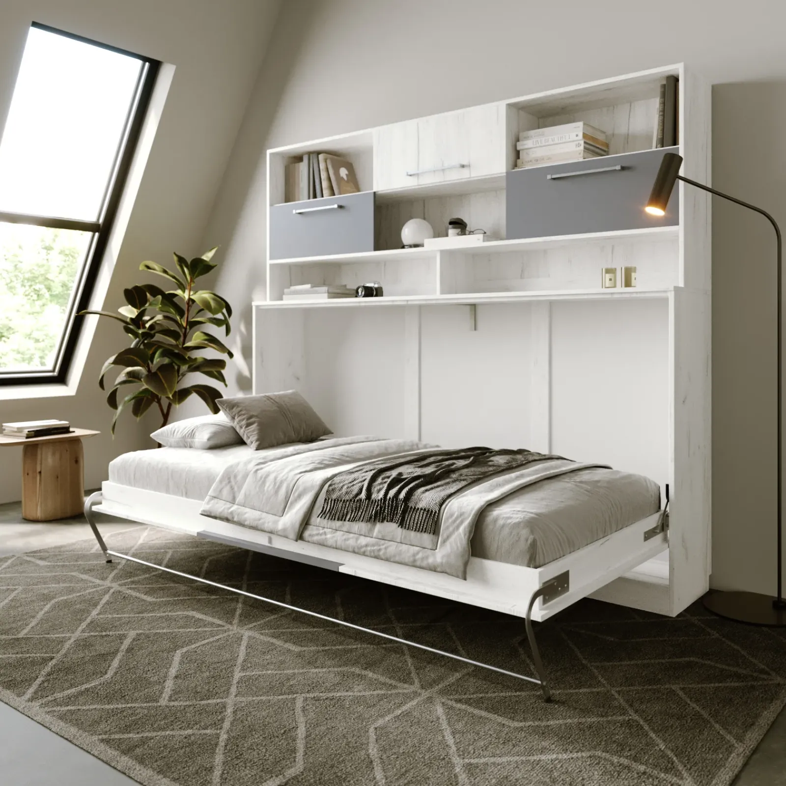 Garnero Arredamenti Letti A Scomparsa|Letti Singoli-Letto a scomparsa orizzontale 90x200cm singolo con libreria bianco pino grigio grafite Alvin Gihome® Bianco Frassinato - Grafite