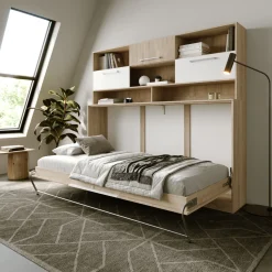 Garnero Arredamenti Letti A Scomparsa|Letti Singoli-Letto a scomparsa orizzontale 90x200cm singolo con libreria rovere bianco Alvin Gihome® Rovere - Bianco opaco