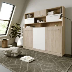Garnero Arredamenti Letti A Scomparsa|Letti Singoli-Letto a scomparsa orizzontale 90x200cm singolo con libreria rovere bianco Alvin Gihome® Rovere - Bianco opaco