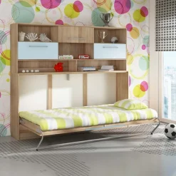 Garnero Arredamenti Letti A Scomparsa|Letti Singoli-Letto a scomparsa orizzontale 90x200cm singolo con libreria rovere blu Alvin Gihome® Rovere - Blu