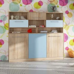 Garnero Arredamenti Letti A Scomparsa|Letti Singoli-Letto a scomparsa orizzontale 90x200cm singolo con libreria rovere blu Alvin Gihome® Rovere - Blu