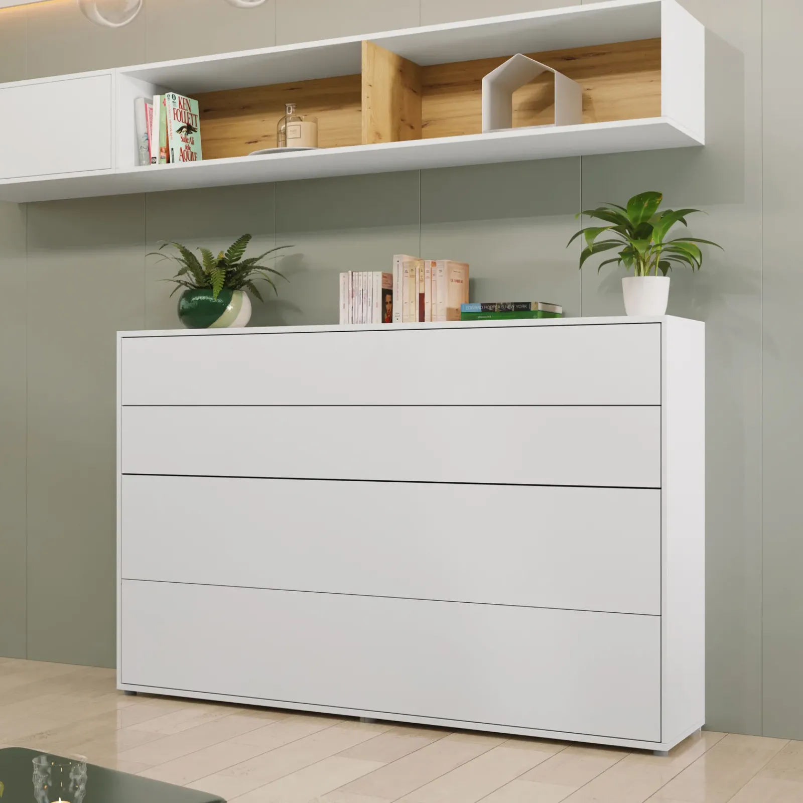 Garnero Arredamenti Letti A Scomparsa|Letti Piazza E Mezza-Letto a scomparsa orizzontale 120x200 cm una piazza e mezza bianco Camelio