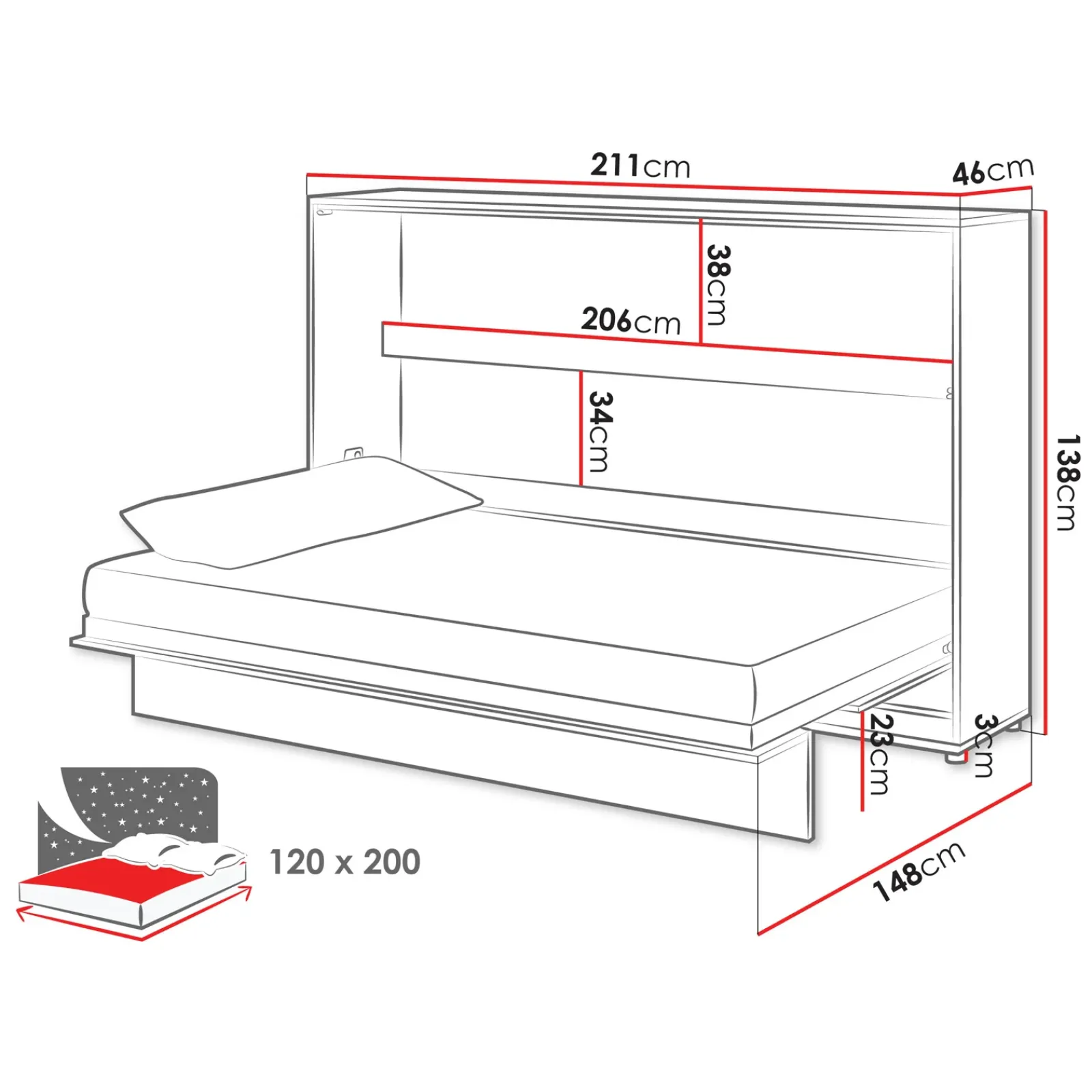 Garnero Arredamenti Letti A Scomparsa|Letti Piazza E Mezza-Letto a scomparsa orizzontale 120x200 cm una piazza e mezza bianco Camelio
