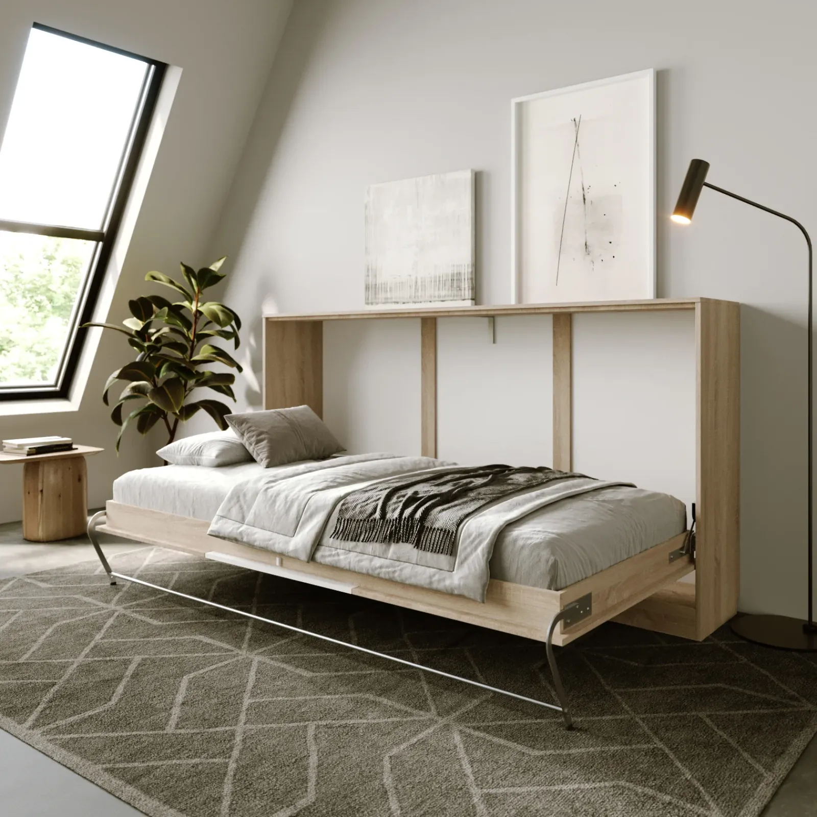 Garnero Arredamenti Letti A Scomparsa|Letti Singoli-Letto a scomparsa orizzontale 90x200cm singolo rovere bianco Alvin Gihome® Rovere - Bianco opaco