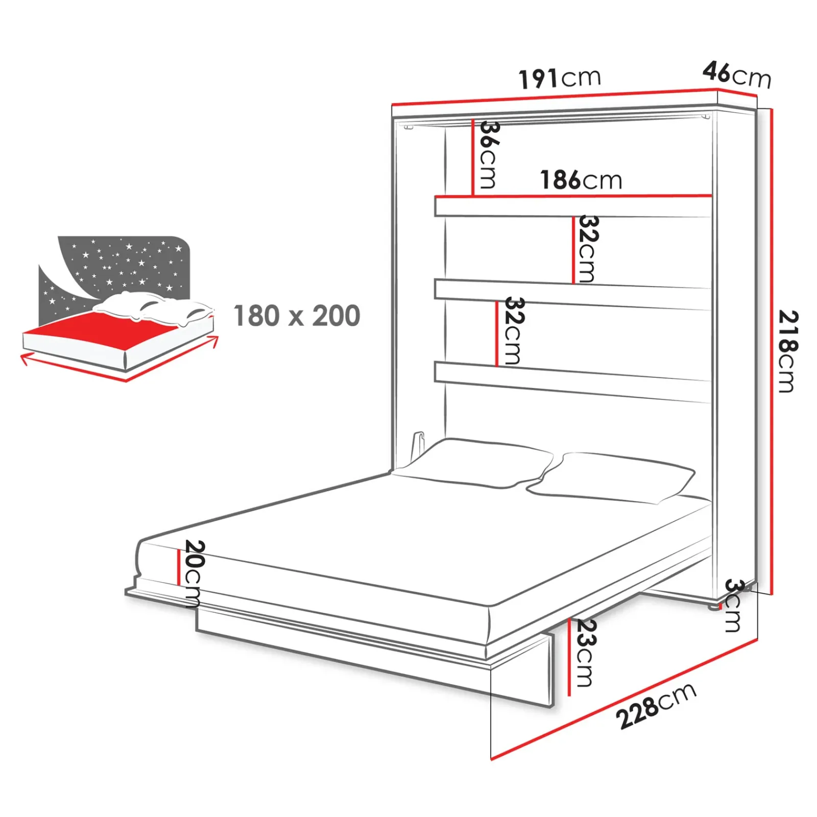 Garnero Arredamenti Letti Oversize-Letto a scomparsa verticale 180x200 cm matrimoniale oversize bianco Camelio
