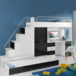 Garnero Arredamenti Letti A Castello|Letti A Castello-Letto a soppalco con armadio 324x180cm bianco nero 2  letti Diego Gihome® Bianco Lucido - Nero Lucido