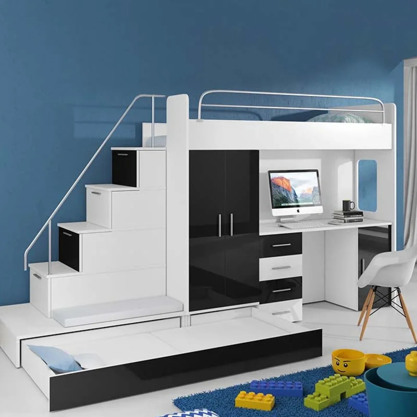 Garnero Arredamenti Letti A Castello|Letti A Castello-Letto a soppalco con armadio 324x180cm bianco nero 2 letti Diego Gihome® Bianco Lucido - Nero Lucido