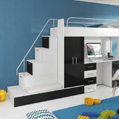 Garnero Arredamenti Letti A Castello|Letti A Castello-Letto a soppalco con armadio 324x180cm bianco nero 2  letti Diego Gihome® Bianco Lucido - Nero Lucido