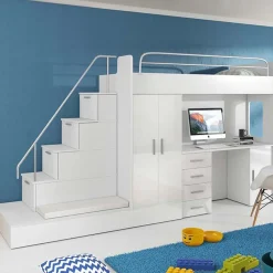 Garnero Arredamenti Letti A Castello|Letti A Castello-Letto a soppalco con armadio 324x180cm bianco 2 letti Diego Gihome® Bianco Lucido