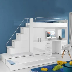 Garnero Arredamenti Letti A Castello|Letti A Castello-Letto a soppalco con armadio 324x180cm bianco 2 letti Diego Gihome® Bianco Lucido