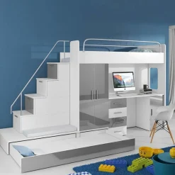 Garnero Arredamenti Letti A Castello|Letti A Castello-Letto a soppalco con armadio 324x180cm bianco grigio 2 letti Diego Gihome® Bianco Lucido - Grigio