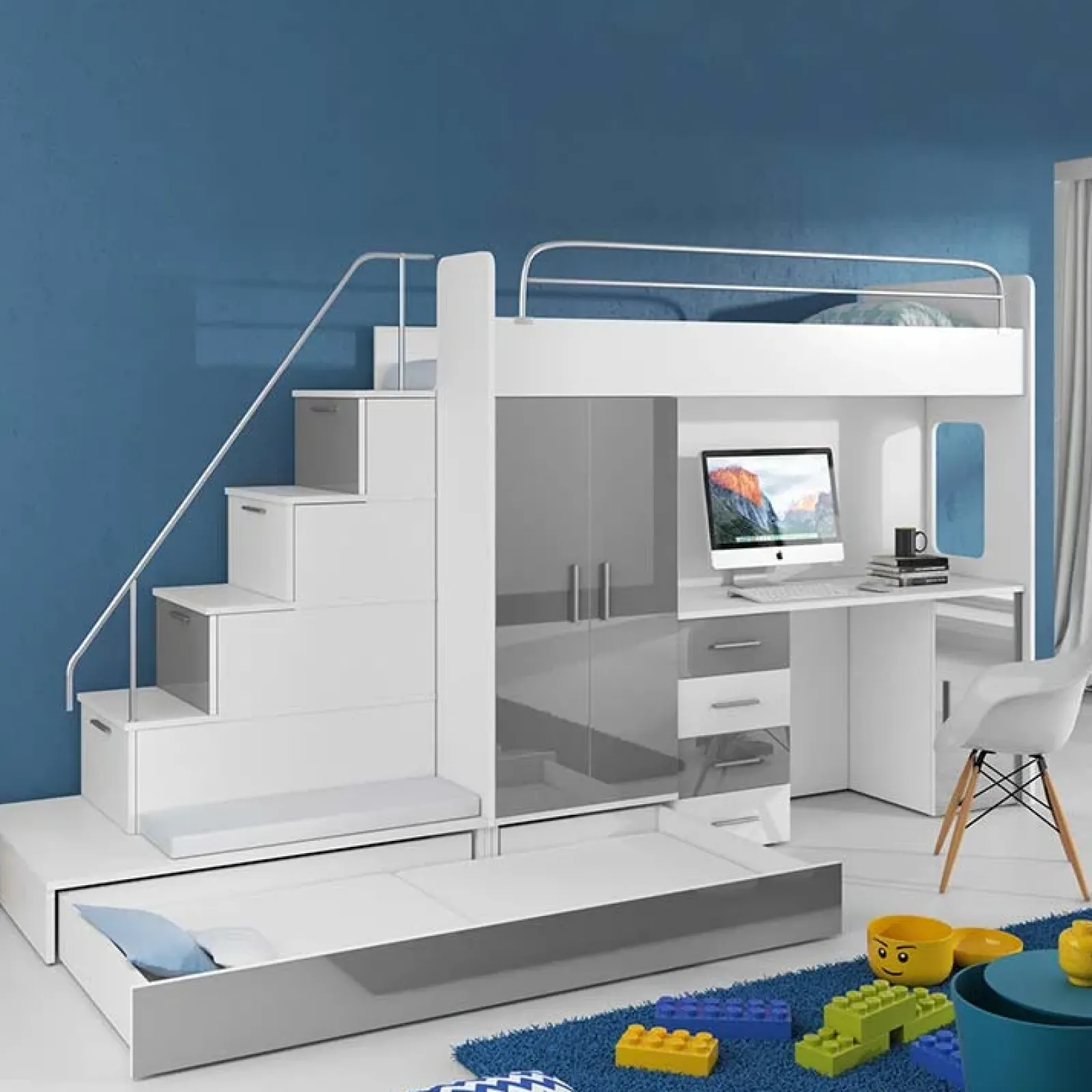 Garnero Arredamenti Letti A Castello|Letti A Castello-Letto a soppalco con armadio 324x180cm bianco grigio 2 letti Diego Gihome® Bianco Lucido - Grigio