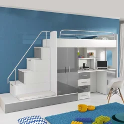 Garnero Arredamenti Letti A Castello|Letti A Castello-Letto a soppalco con armadio 324x180cm bianco grigio 2 letti Diego Gihome® Bianco Lucido - Grigio