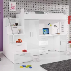 Garnero Arredamenti Letti A Castello|Letti A Castello-Letto a soppalco con armadio 254x120cm bianco Simone Gihome® Bianco Lucido