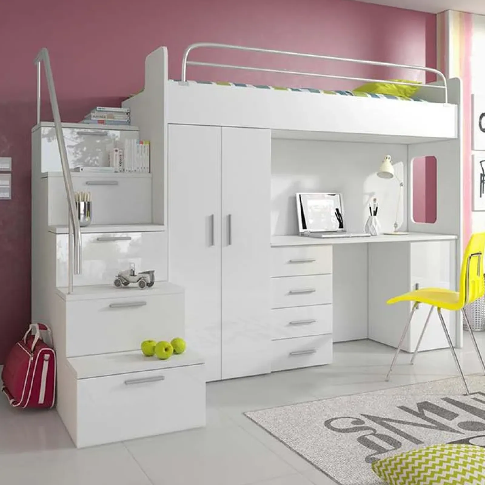 Garnero Arredamenti Letti A Castello|Letti A Castello-Letto a soppalco con armadio 254x120cm bianco Simone Gihome® Bianco Lucido