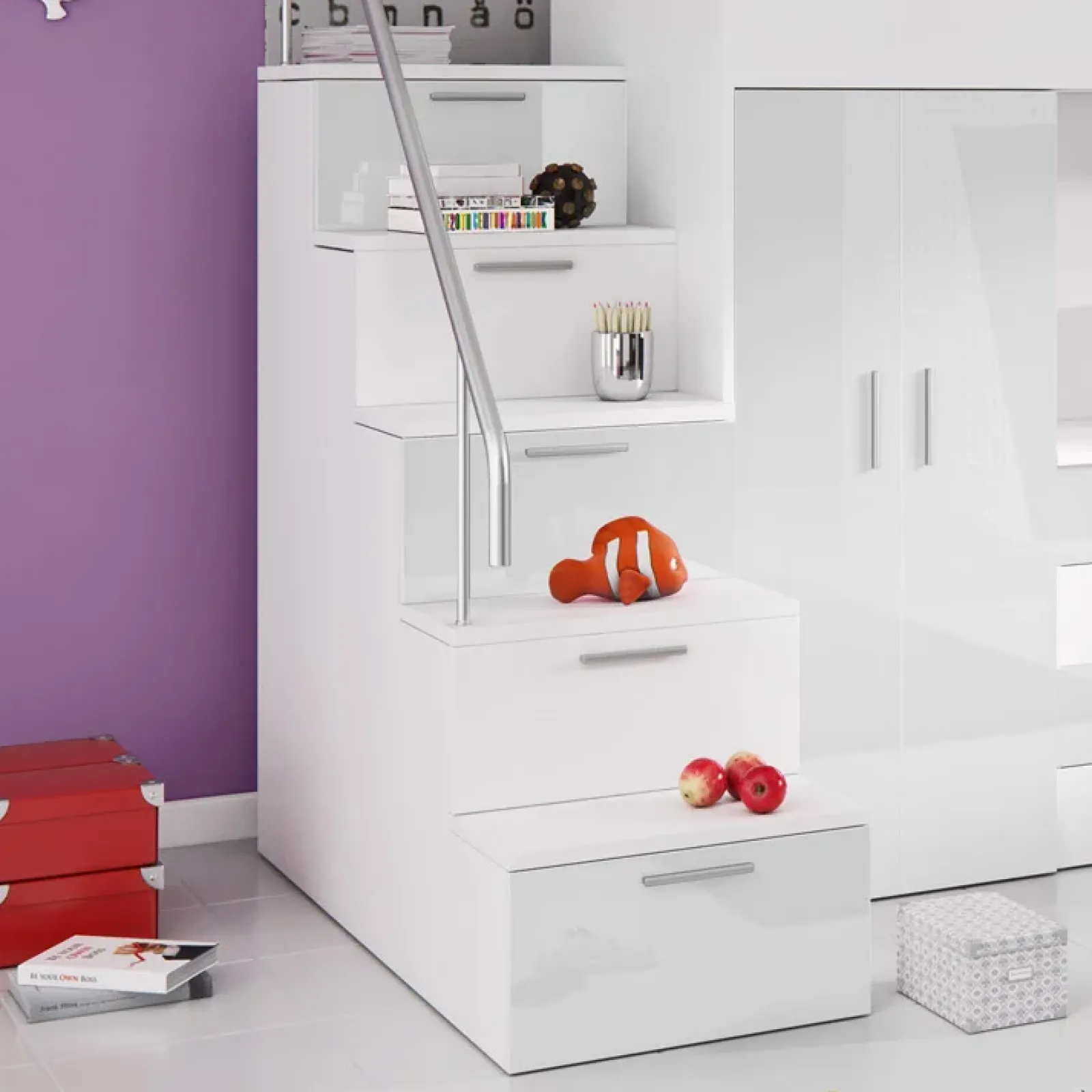 Garnero Arredamenti Letti A Castello|Letti A Castello-Letto a soppalco con armadio 254x120cm bianco Simone Gihome® Bianco Lucido