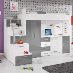 Garnero Arredamenti Letti A Castello|Letti A Castello-Letto a soppalco con armadio 254x120cm bianco grigio Simone Gihome® Bianco Lucido - Grigio